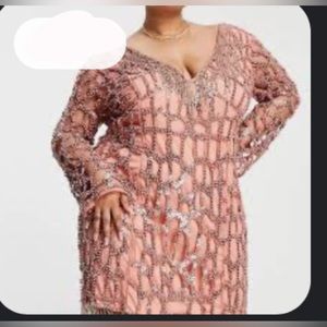 Asos Women's Embellished Fringe Long Sleeve Rose Beaded Dress